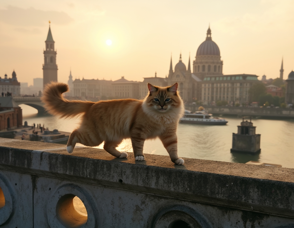Cat explores a scenic urban bridge, taking in the breathtaking views of the skyline.